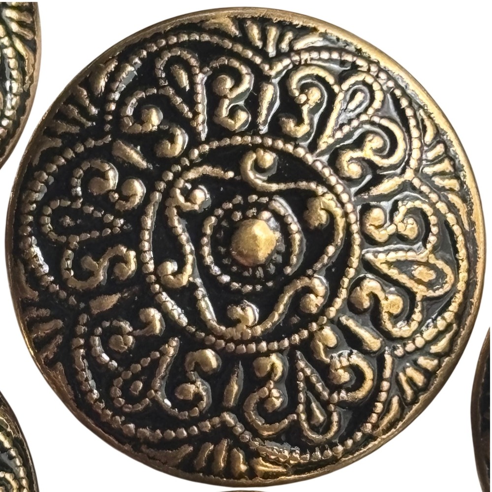 Vintage Gold Black Filigree Scrollwork Metal Shank Buttons 7pc